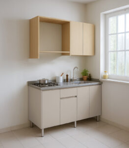 Cocina integral MC 150 – Roble Claro & Gris Nórdico. Incluye mesón, hornillas y grifería