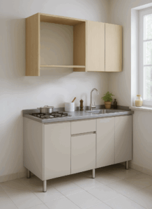 Cocina integral MC 150 – Roble Claro & Gris Nórdico. Incluye mesón, hornillas y grifería.